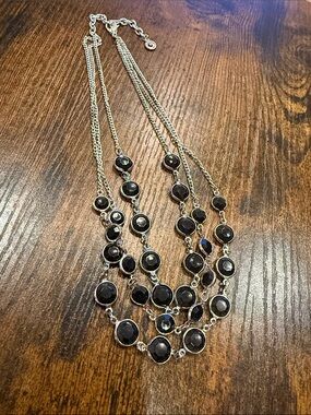 Layered Black Stone Necklace with Silver-Tone Accents